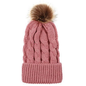 Mommy Baby Winter Hat Set Boy Girls Faux Fur Ribbed Knit Thick Pom Beanie Cap