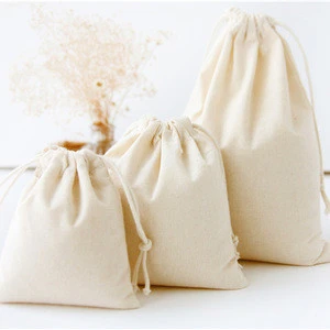 Natural Color Plain Drawstring Cotton Packaging Bags For Gifts Or Promotion With Double Cotton Drawstring Ropes