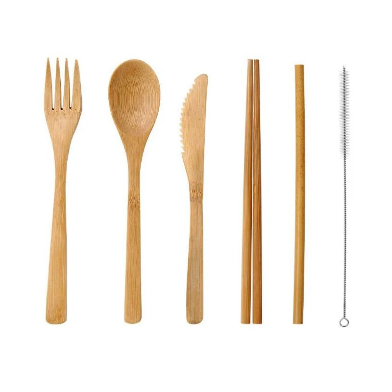 Nature Wooden Bamboo Cutlery Set Travel Utensils Set Knife Fork Spoon Straw With Bag