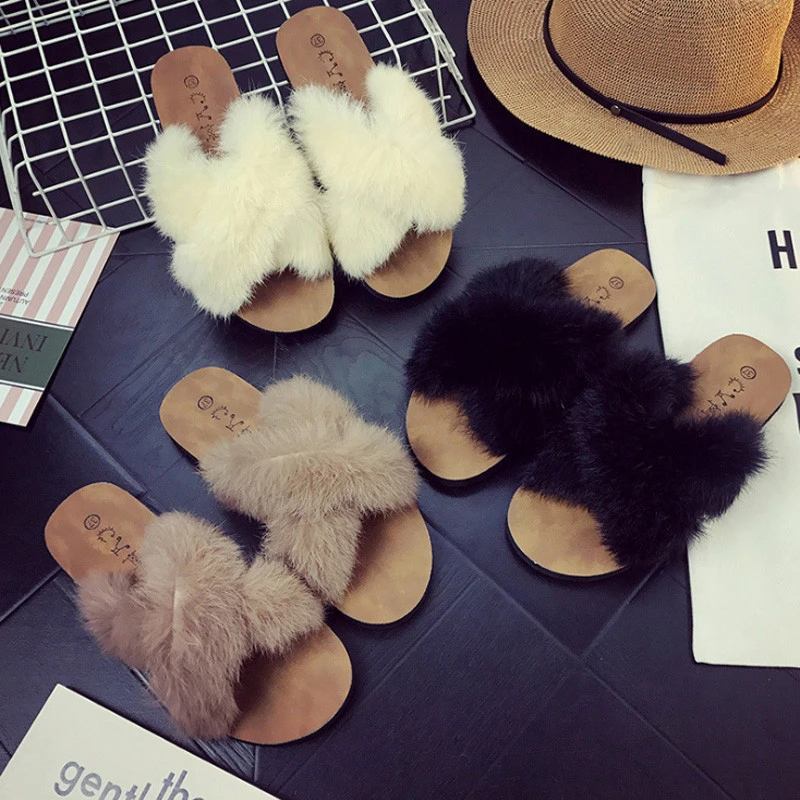New Arrival Fluffy Fur Slides Plush Cheap Fur Slippers Women Fur Criss Cross Slippers