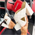new design slip on pu leather nice lady shoes plaid pumps shoes  lady fashion leather high women shoes heels 2021