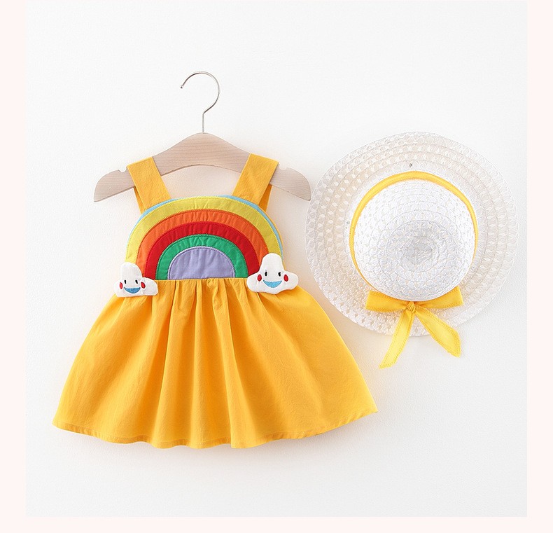 New fashion toddler Girls summer rainbow printed sleeveless sweet dress with hat