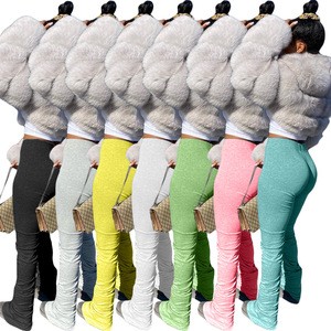 New solid color sweater fabric pleated split micro trumpet women&#39;s pants for summer 2020