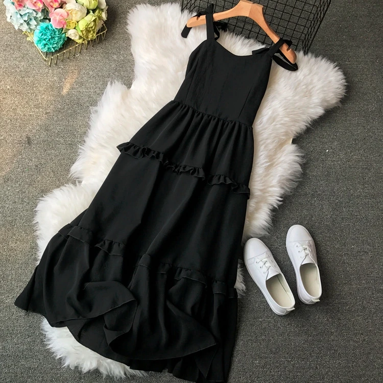 New Women elegant ladies elastic waist Dresses Pure color tie straps bow Mid-length skirt with suspenders and waist is slimmer