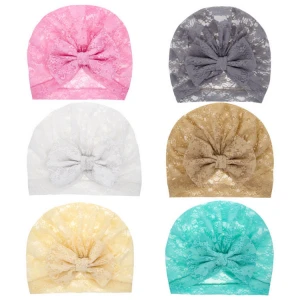 Newborn Infant Cap Baby Headdress Beanie Hat Baby Turban Pure Color Lace Big Bow Baby Child Fetal Cap
