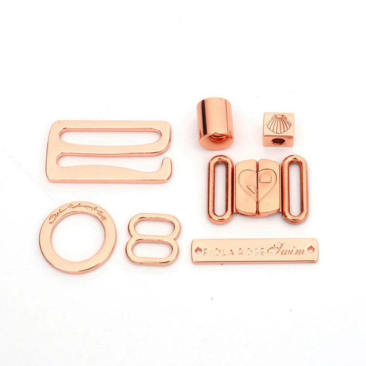 Nickel &amp; Lead Free Customized Design Gold Metal Labels Clasp Ring Sliders Metal Accessories For Swimwear