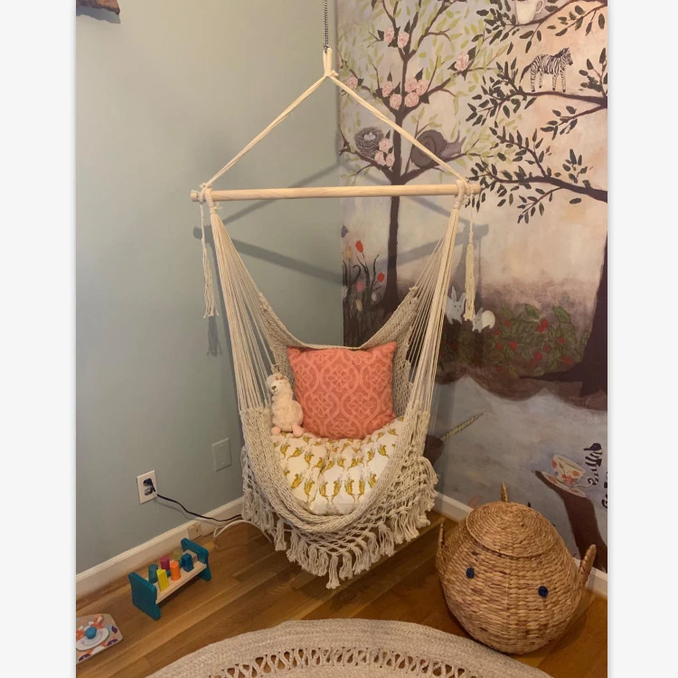 Outdoor Indoor Garden Hammock beige Rope Hanging Swing Chair With Macrame Lace