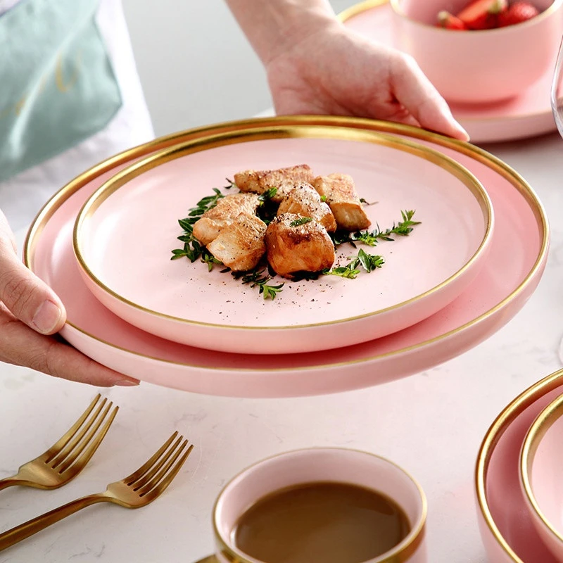 Pink Phnom Penh Ceramic Tableware Gold Plated Tableware Light Luxury Series Tableware Set