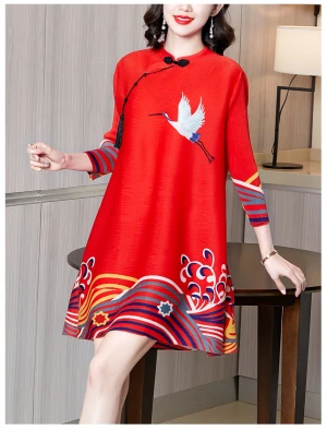 Pleated dress women 2021 spring and summer new slim Chinese style printed slim midi skirt