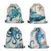 Promotion Bag Shopping Custom Drawstring Bags Logo Blue Marine Animal Seahorse Turtle Octopus Print Multifunction Sack Bag