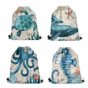 Promotion Bag Shopping Custom Drawstring Bags Logo Blue Marine Animal Seahorse Turtle Octopus Print Multifunction Sack Bag