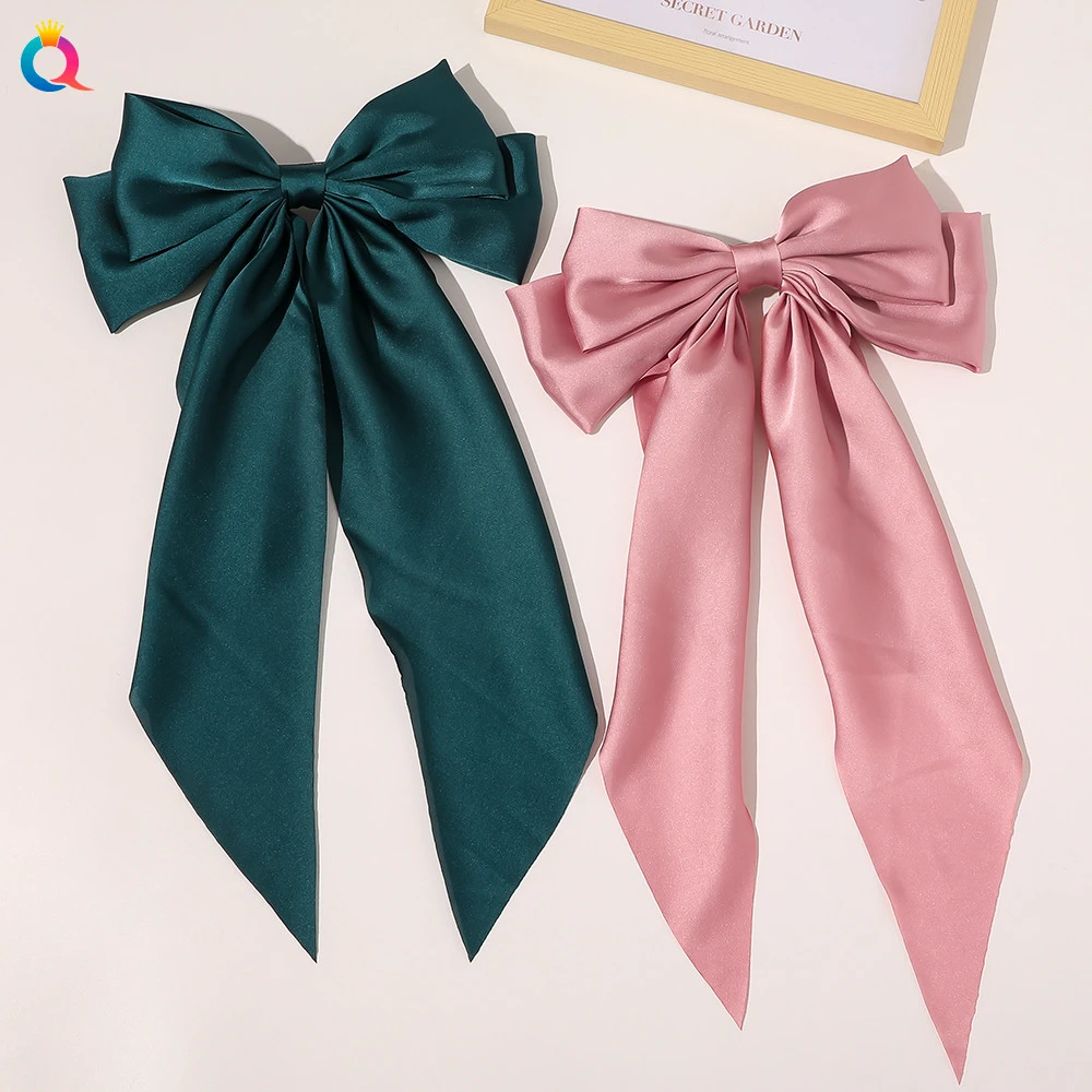 Qiyue New Hot Sale Knotbow Long Scarf Hair Bow with Spring Clip Women Fashion Large Elegant Double Layers Hair Clips