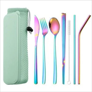 Rainbow Travel Flatware set with Case Stainless Steel Silverware Tableware Set Include Knife Fork Spoon Straw