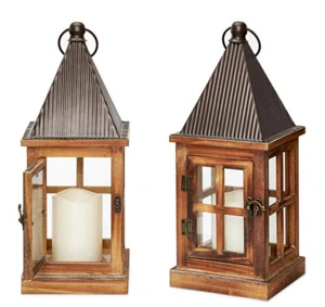 Rustic Wooden Candle Hurricane Lantern, For Table Top, Mantle, or Wall Hanging Display, Indoor & Outdoor Use, Large
