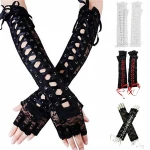 ry  lace long gloves winter elbow length half-finger gloves ribbon fingerless fishnet mesh etiquette party gloves