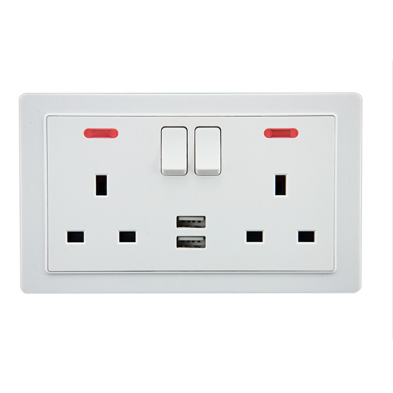 SHARE Surface Mounted UK Standard Double 13a 3 Pin Wall Power Switch Usb Socket With White Plastic Board