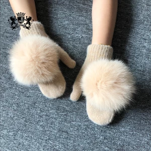 Solid Color Knitted Angora Gloves Winter Gloves Mittens with Fox Fur Pom Pom