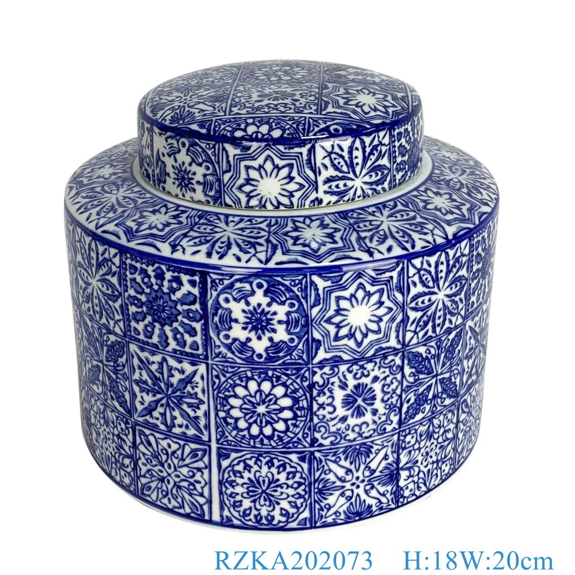 Straight Tube Blue and White Porcelain Twisted Flower Pattern Pot Storage Lidded Jar