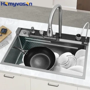 The Most Popular Black Single Smart Multifunction Sink Modern Stainless Steel Led Digital Waterfall Kitchen Sink