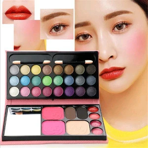 Travel Foldable Women Full Makeup Cosmetic Set Leather Box Packaging Eyeshadow Lip Gloss Mixing Palette with Mirror and Brush