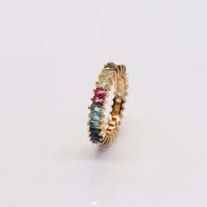Trendy jewelry colorful plated gold zircon baguette stones rainbow rings jewelry on sale