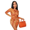 Trendy Long Sleeve Dress Hollowed-out Mini Dress Printing Party Wear Bodycon Women