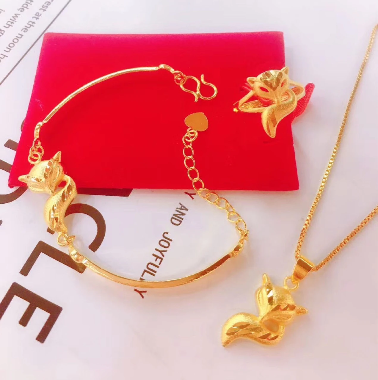 Vietnam Alluvial Gold Women Jewelry No Fade Brass Golden Pixiu Rings Bracelets Charms Necklace Jewelry Set
