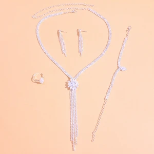 Wholesale 5Pcs Bridal Jewelry Shinning Loose Diamond Flower Tassel Pendant Necklace Set Luxury Bracelet Ring Wedding Jewelry Set