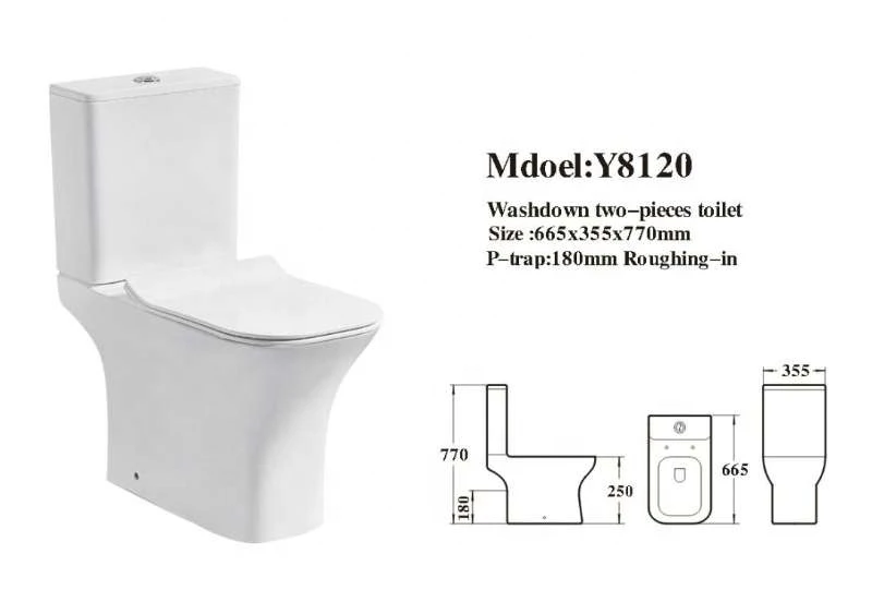YYU Y8120 Square P-trap Two piece toilet  rimless European toilet  with soft close seat cover for UK market