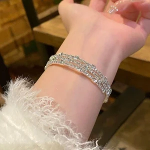 3 Rows Full Diamond Bangle Bracelet Sparkling Zircon Arm Cuff Luxury Silver Adjustable Bracelet For Women Party Jewelry