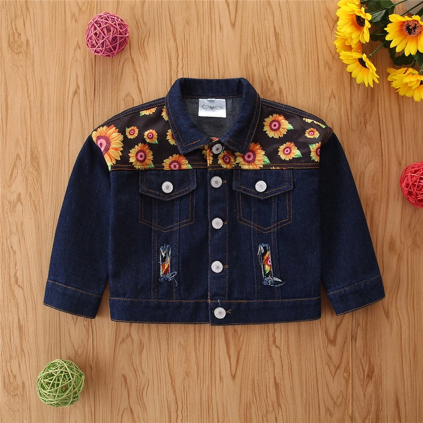 1-6y Autumn Toddler Kids Baby Girl Shirts Tops Clothes Denim Sunflower Print Long Sleeve Tops Shirt Warm Coat Shirt