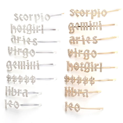 2021 Korean hair pin new women hair accessories girls gold plated rhinestone letters constellation zodiac hair clips with words