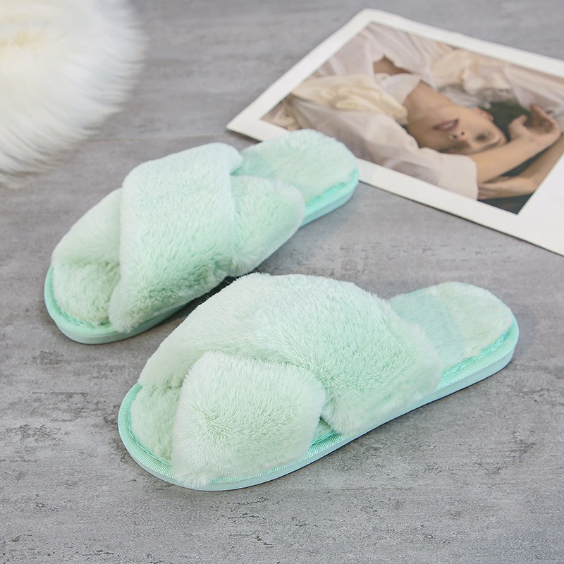 2021 womens furry house slippers Fur Slides Warm Soft Plush furry slippers criss cross fur slippers for women