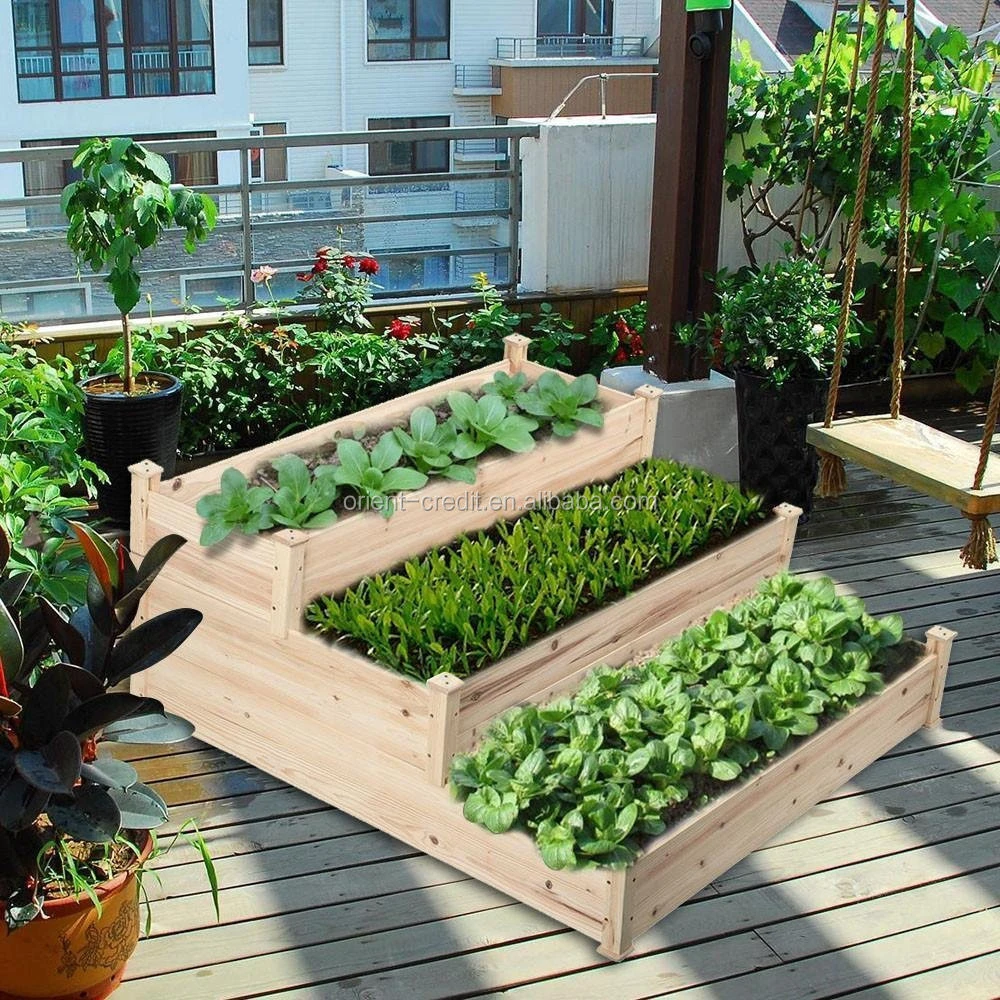 3 Tier Wooden Elevated Raised Garden Bed Planter Box
