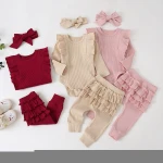 3Pcs Baby Clothing Set Spring Autumn Newborn Infant Girl Solid Outfits Ribbed Clothes Romper Top Ruffle Pants Headband Sets