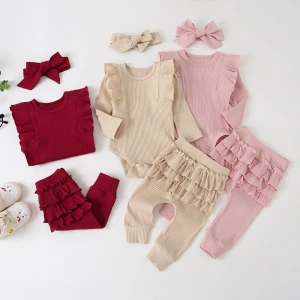 3Pcs Baby Clothing Set Spring Autumn Newborn Infant Girl Solid Outfits Ribbed Clothes Romper Top Ruffle Pants Headband Sets