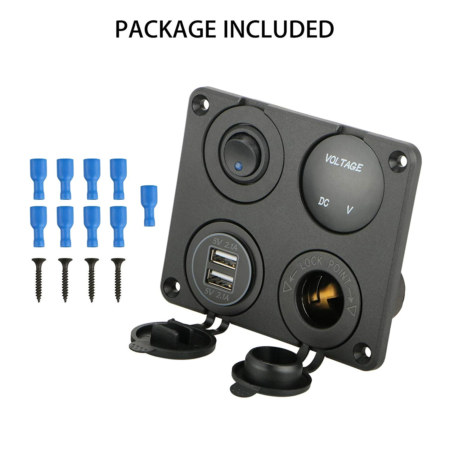 4 in 1 Waterproof Boat Cell Phone Rocker Switch Panel with 12 Volt Dual USB Power Outlet Cigarette Lighter Socket