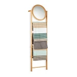4-Tier Bamboo Towel Rack Leaning Bathroom Ladder Shelf with Mirror