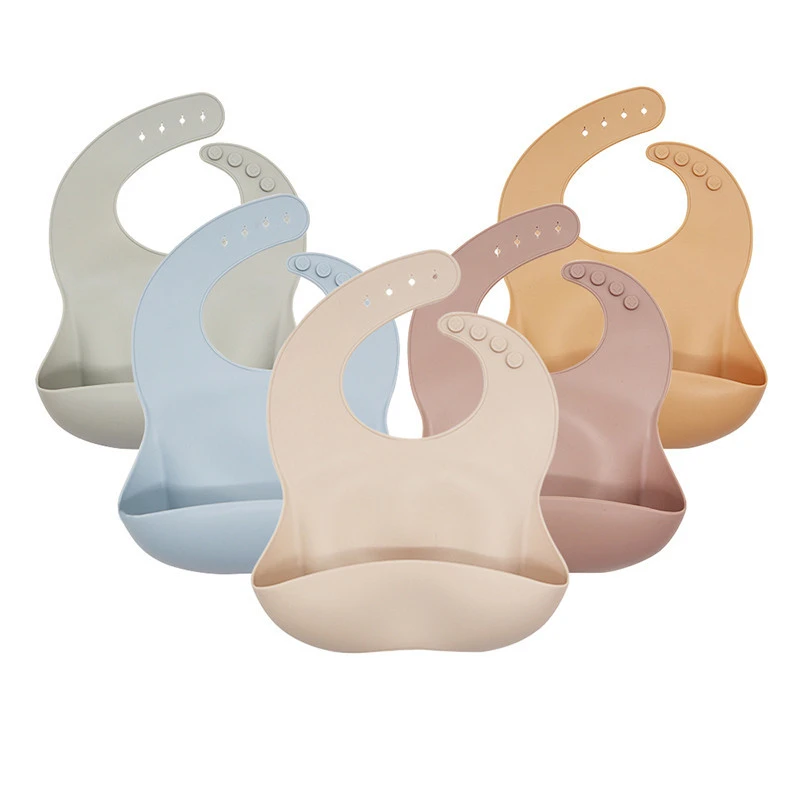 Adjustable Reusable Waterproof Soft Food Grade Silicone Baby Organic Feeding Bibs Set Bpa Free With Food Pocket To Easily Clean