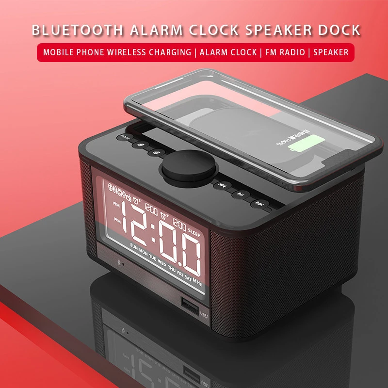 Alarm Clock QI Wireless Charger Speaker FM Radio LOGO Custom Time Display Blue tooth smart speaker Suitable for Hotel bedside