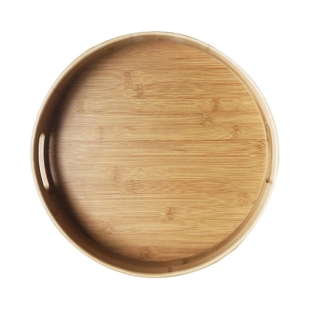 Bamboo Wood Natural Round Serving Food Tray, Raised Edge with Cut-Out Handles