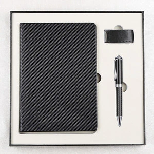 Black carbon fiber business notebook and ball pen and leather USB driver business gift set