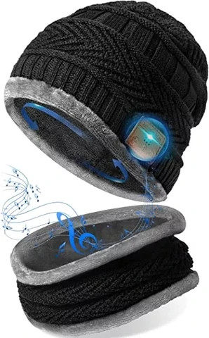 Black Winter Music Speaker Beanie hat and scarf set with Stereo earphones For gift
