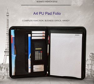 Cheap promotion conference A4 pad folio leather pu with calculator portfolio with pad
