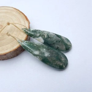 Custom Precious Semi Stones Vintage Drop Earings and Pendant Craft Unique Moss Agate  45x15x6mm 11.2g