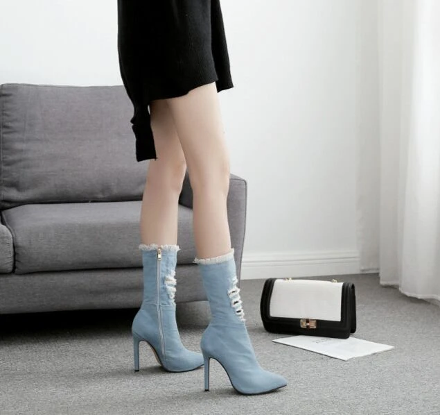 DEleventh Shoes Woman New Style Shoes Blue Versatile Denim Heels Boots Pointy Toe Stiletto High Heels Shoes In Stock  Wholesale