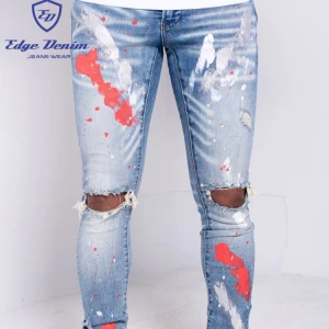 Edge Denim China Factory Summer Autumn Men Stretchy Destroyed Red Paint  Denim Jeans Pants Fashion Skinny Fit