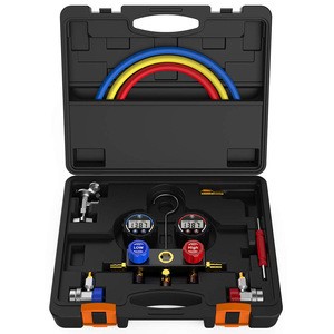 Elitech DMG-1 AC Manifold Gauge Set 2 Way Fits R134A R410A and R22 Refrigerants with Hoses Coupler Adapters+ Carrying Case