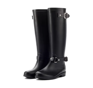 Fashion Ladies Black Wellies Water Proof Anti Slip Leather Knee Rain Boots