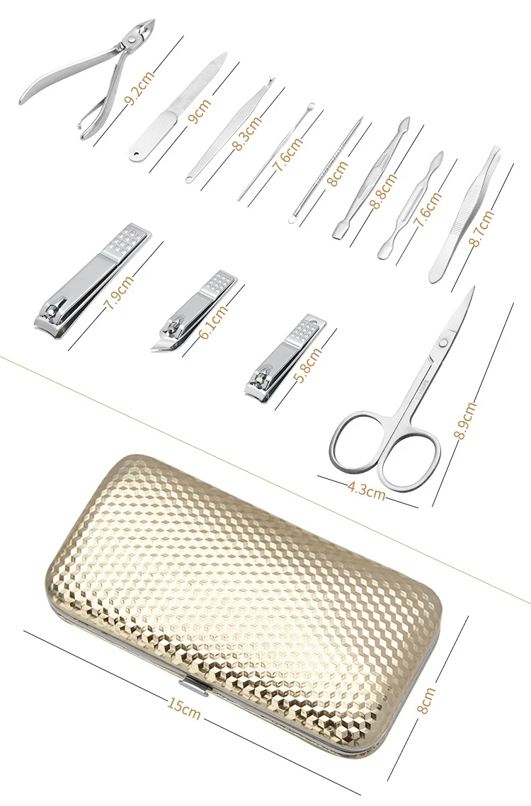 FOCSTAR 12pcs Stainless Steel Nail Manicure Set Pedicure Kit with Diamond Pattern Gold Case
